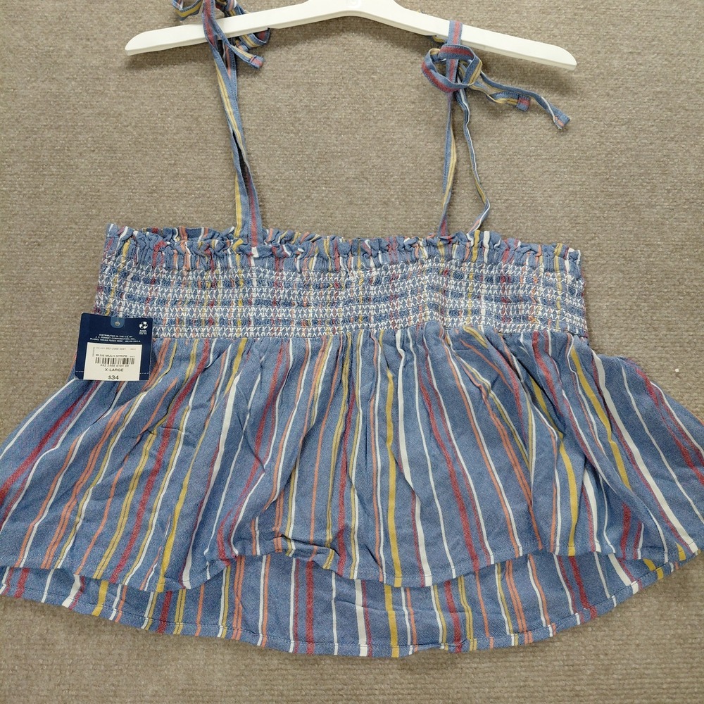 Arizona Women XL Strappy Tie Crop Top Sleeveless Blue Striper Smocked Tank Shirt - Picture 2 of 11